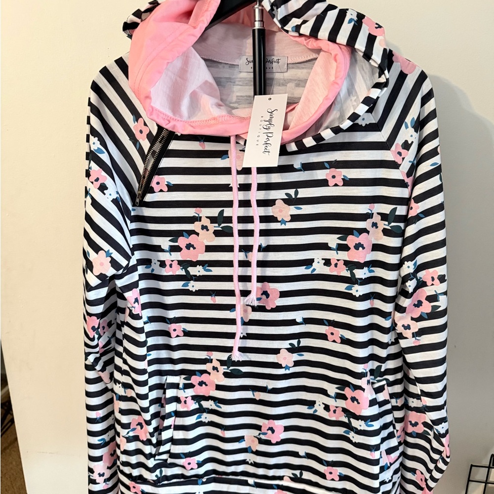 Simply Be Kids Floral Striped Hoodie - Pink, Black, White